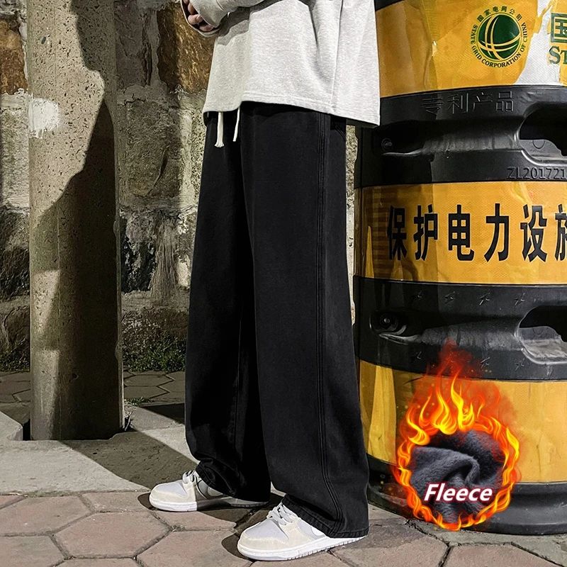 Calças jeans largas de inverno com forro polar, Calças largas retas de veludo, quentes e confortáveis, com elástico na cintura e pernas largas, marca de roupas masculinas