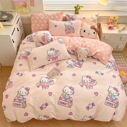 Capa de Edredom Kuromi Melody Desenho Animado Hello Kitty Cinnamoroll Conjunto de Cama Infantil Dormitório Estudantil Capa de Edredom Fofa Decoração de Quarto