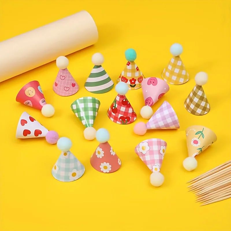 15Pcs/SET Mini Birthday Hat Cake Toppers DIY Cake Decoration Birthday Cake Top Flages Baby Shower Cupcake Toppers