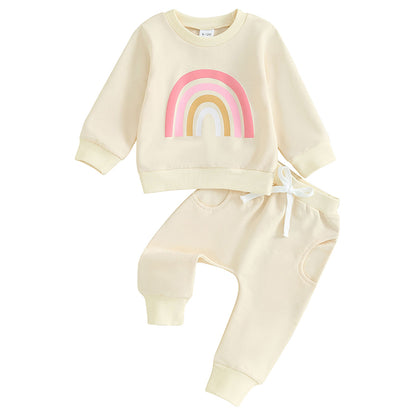 Pudcoco Infant 2PCS Baby Girls Fall Outfits Long Sleeve Rainbow Print Sweatshirt + Pants Set Toddler Clothes 3M-3T