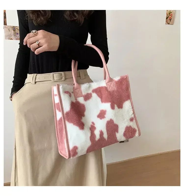 New Women Soft Plush Hand Bag New Winter Leopard Cow Print Tote Bags Female Pu Leather Underarm Bags Furry Fluffy Shoulder Bag