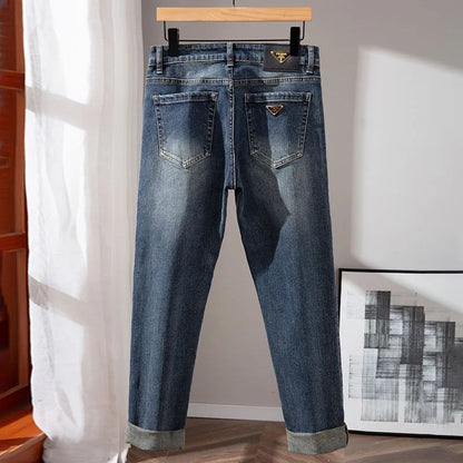 Milão Qualidade Premium Europeia Outono/Inverno Calças Jeans Masculinas Emagrecem Sua Silhueta Solta Reta Elástica Vintage