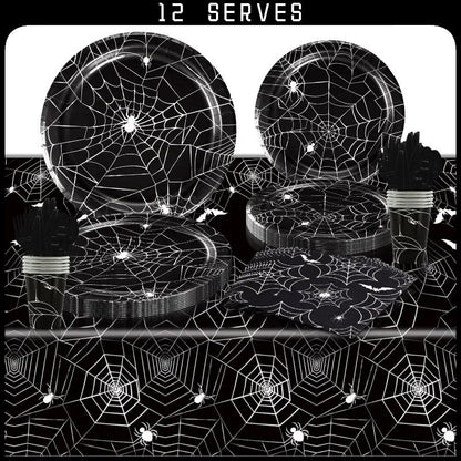 Conjunto de Louça de Festa de Halloween Pratos Festivos Guardanapos Toalha de Mesa Louça Descartável para 10/12 Convidados Decoração de Halloween