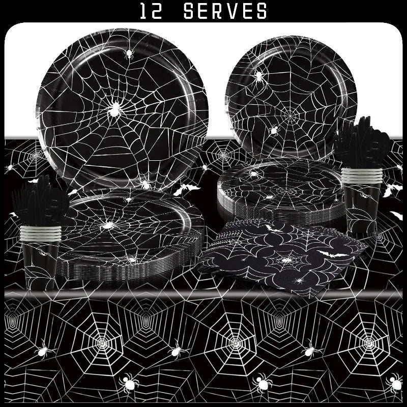 Conjunto de Louça de Festa de Halloween Pratos Festivos Guardanapos Toalha de Mesa Louça Descartável para 10/12 Convidados Decoração de Halloween