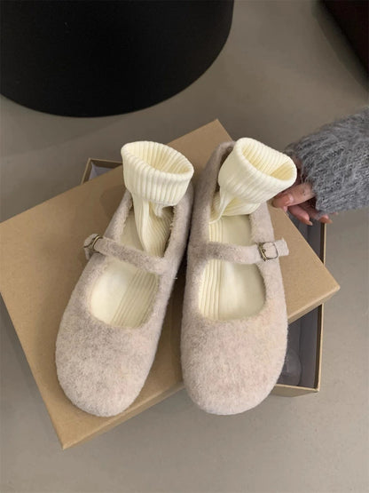 Fashion Square Toe Fleece Flet Ballet Flats Woman Winter Warm Wool Mary Jane Shoes Ladies Brand Design Elegant Plush Loafers