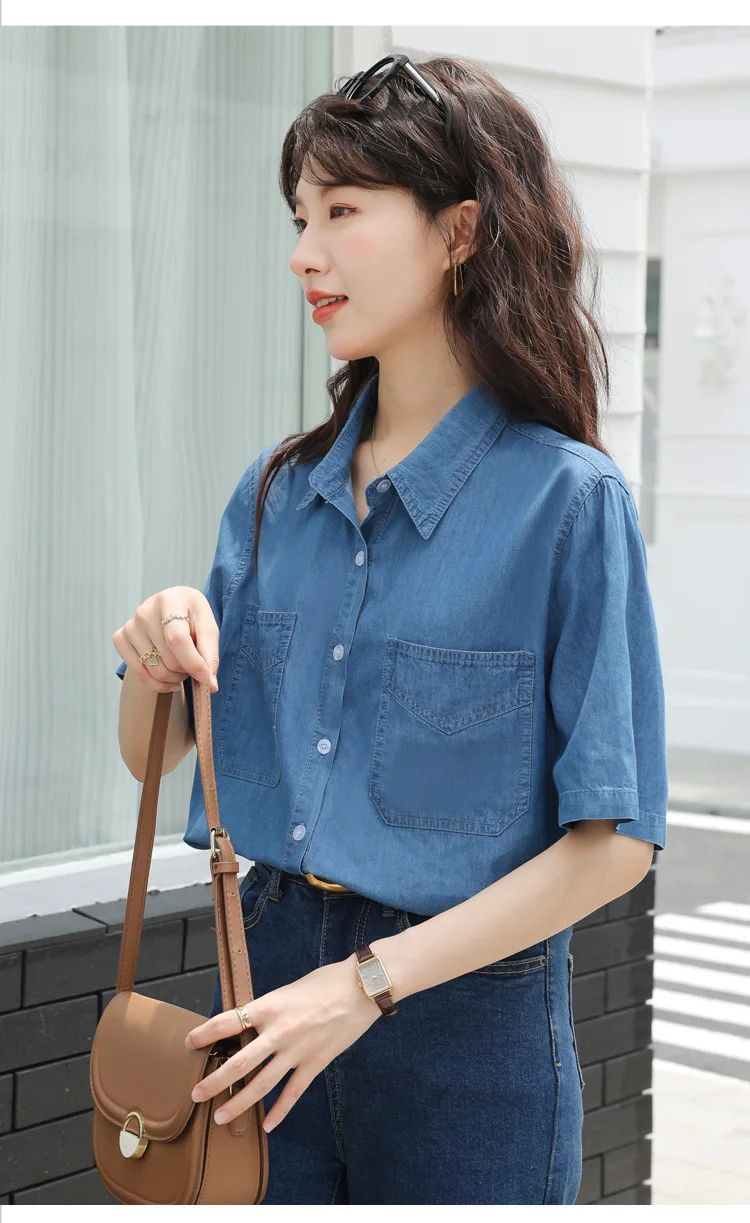 Vintageblueshort Sleeves Thin Denim Shirt 2024 Summer New Casual Loose-Fit Hong Kong Style Petite Top For Women