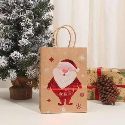 Christmas Kraft Gift Bags with Handles Snowman Santa Tree Designs Geometric Pattern Paper Tote Bags Party Xmas Decoration