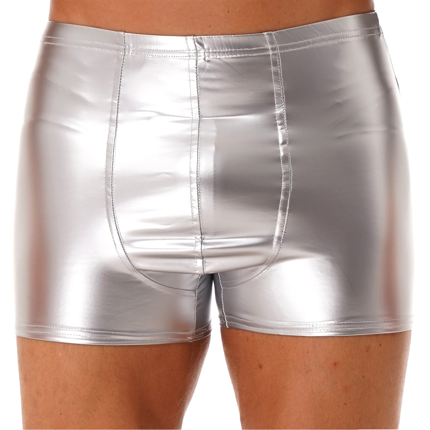 Mens Patent Leather Shorts Dance Performance Clubwear Wet Look Pants Elastic Waistband ShortsBulge Pouch Boxer Briefs Shorts