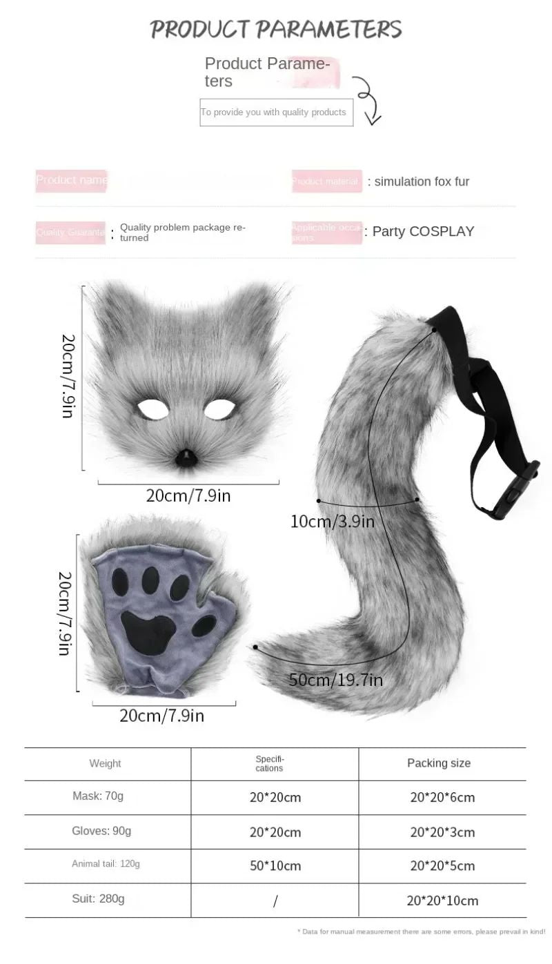 Costume Set Fox Tail Ears Gloves Artificial Fur Boot Covers Cosplay Halloween Prop Adult Women Men Unisex