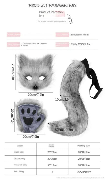 Costume Set Fox Tail Ears Gloves Artificial Fur Boot Covers Cosplay Halloween Prop Adult Women Men Unisex