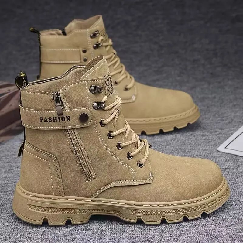 High Top Men's Shoes for Spring and Autumn, New Anti Slip and Waterproof Desert Boots Outdoor Zipper Hiking Shoes Work Boots