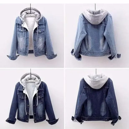 Women Denim Coat Hooded Single Breasted Button Jackets Hooded Patchwork Outerwear Cardigan Solid Pockets Streetwear Warm