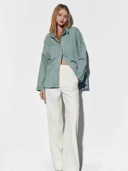 Retro Washed Loose Long Sleeve Women's Denim Shirt Vintage Workwear Style Button up Casual Outerwear from Mainland China