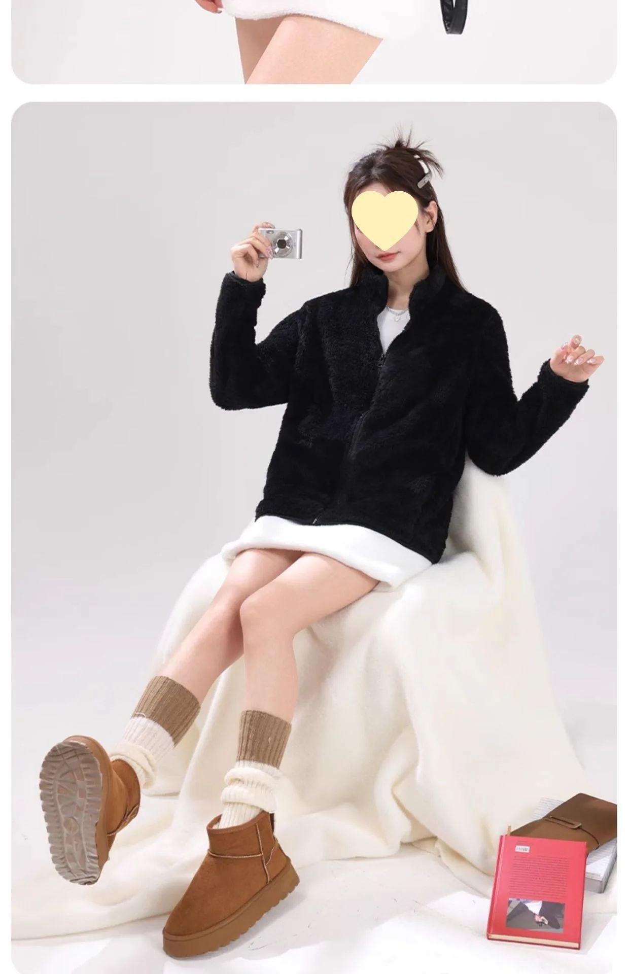 Women's Double-Sided Fleece Jacket Grey Warm Stand-Collar Thick Winter Outerwear Trendy Sweatshirt Style Casual Loose Fit