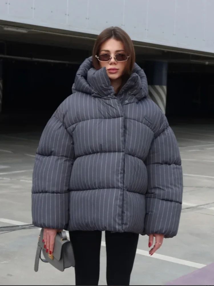 Women's Pinstripe Oversized Puffer Jacket Full Sleeve Detachable Hood Zipper Warm Coat 2025 Autumn Winter Female Casual Wear