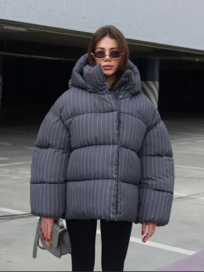 Women's Pinstripe Oversized Puffer Jacket Full Sleeve Detachable Hood Zipper Warm Coat 2025 Autumn Winter Female Casual Wear