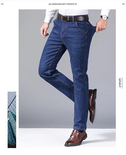 Men's Comfortable Soft Business Casual Denim Trousers Slim Fit Straight Pants Fashion Male Brand Light Luxury Stretch Clothing