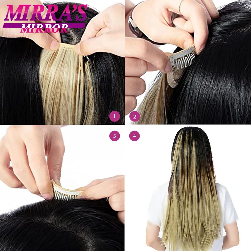 16 Presilhas em Apliques de Cabelo 60cm de Comprimento Liso Penteado Sintético Loiro Preto Perucas Resistente ao Calor Cabelo Falso 6Pçs/Conjunto