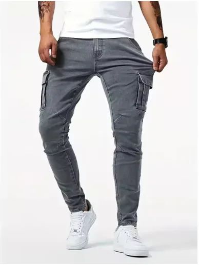 2025 Street Elastic Jeans Men Denim Cargo Pants Wash Solid Color Multi Pockets Casual Mid Waist Trousers Slim Daily Wear Joggers