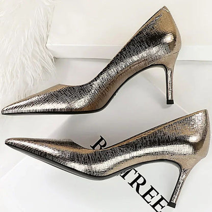 Spring Autumn New Women 7cm High Heels Fashion Retro Holiday Party Pumps Lady Gold Silver Daily Office Pointed Toe Low Heels