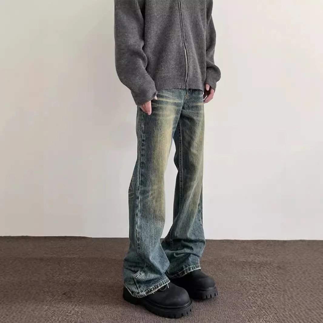 Vintage American Style Men's Straight-Leg Slimming Long Jeans Distressed Washing Denim Pants Trendy Brand Bootcut Pants