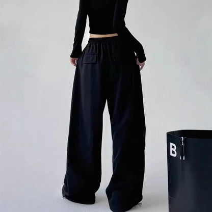 Calça Esportiva Cinza de Cintura Alta Solta Masculina Feminina Casual Perna Larga Calças Estilo Primavera Outono Confortável Moletom Roupa de Trabalho