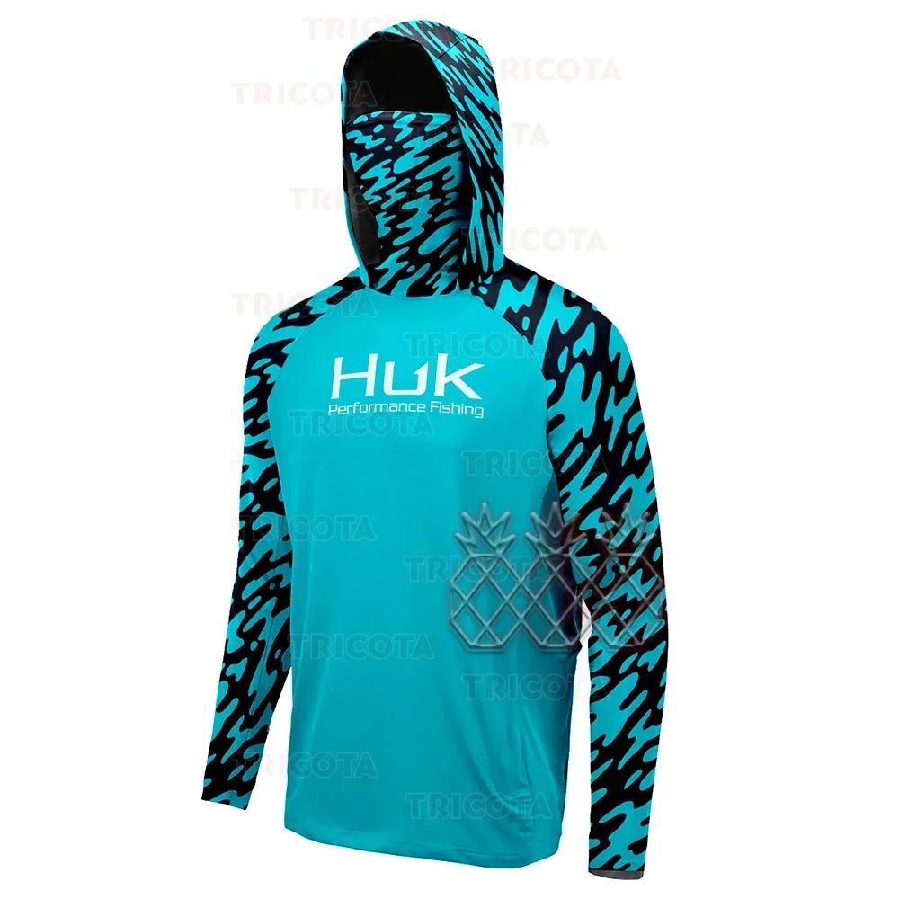 Camisetas de Pesca HUK UPF 50+ Manga Longa com Capuz e Proteção Facial Secagem Rápida Moletom Respirável Proteção UV Masculina