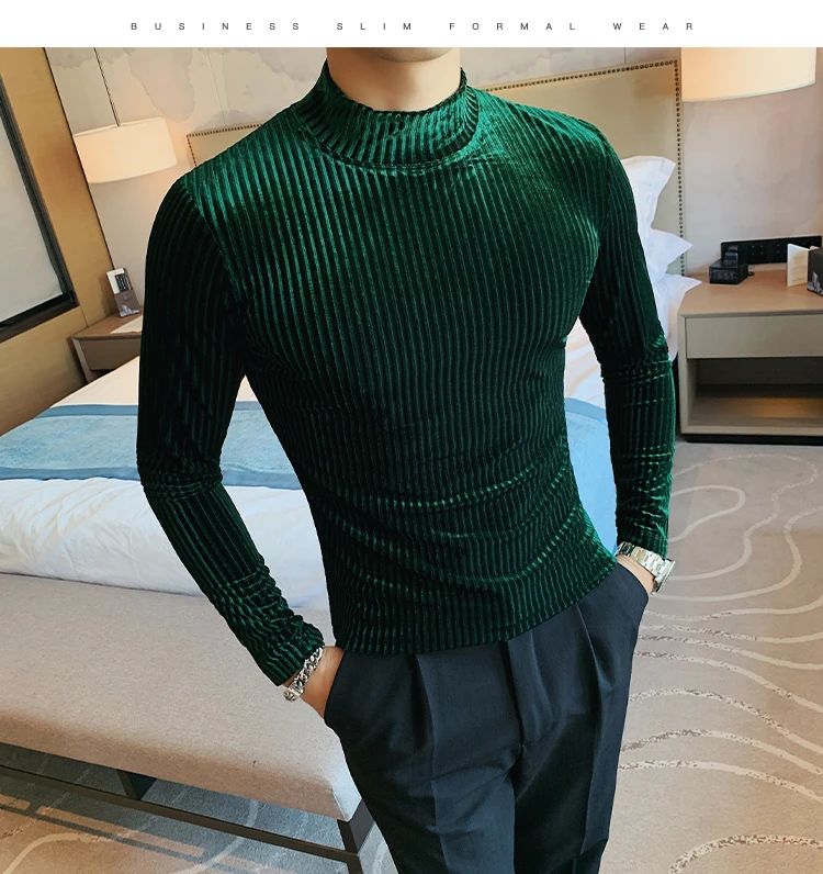 New Gold Velvet T Shirt Men Clothing Fashion Trend Male Luxury Prom Party Long-sleeved Striped Pullover Tops Homme
