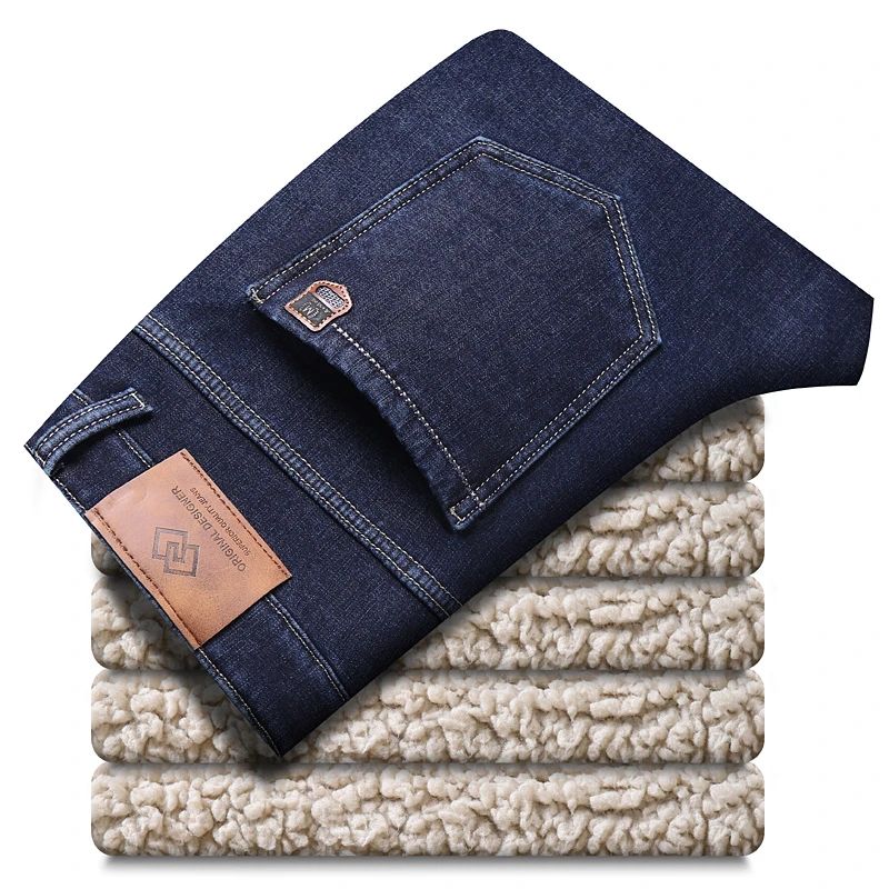Calça Jeans Masculina de Inverno Forrada de Lã Grossa Sherpa Casual de Negócios Veludo Reta Masculina de Lã Pelúcia Clássica Elástica