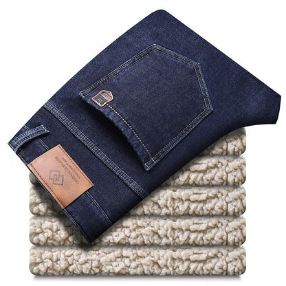 Calça Jeans Masculina de Inverno Forrada de Lã Grossa Sherpa Casual de Negócios Veludo Reta Masculina de Lã Pelúcia Clássica Elástica