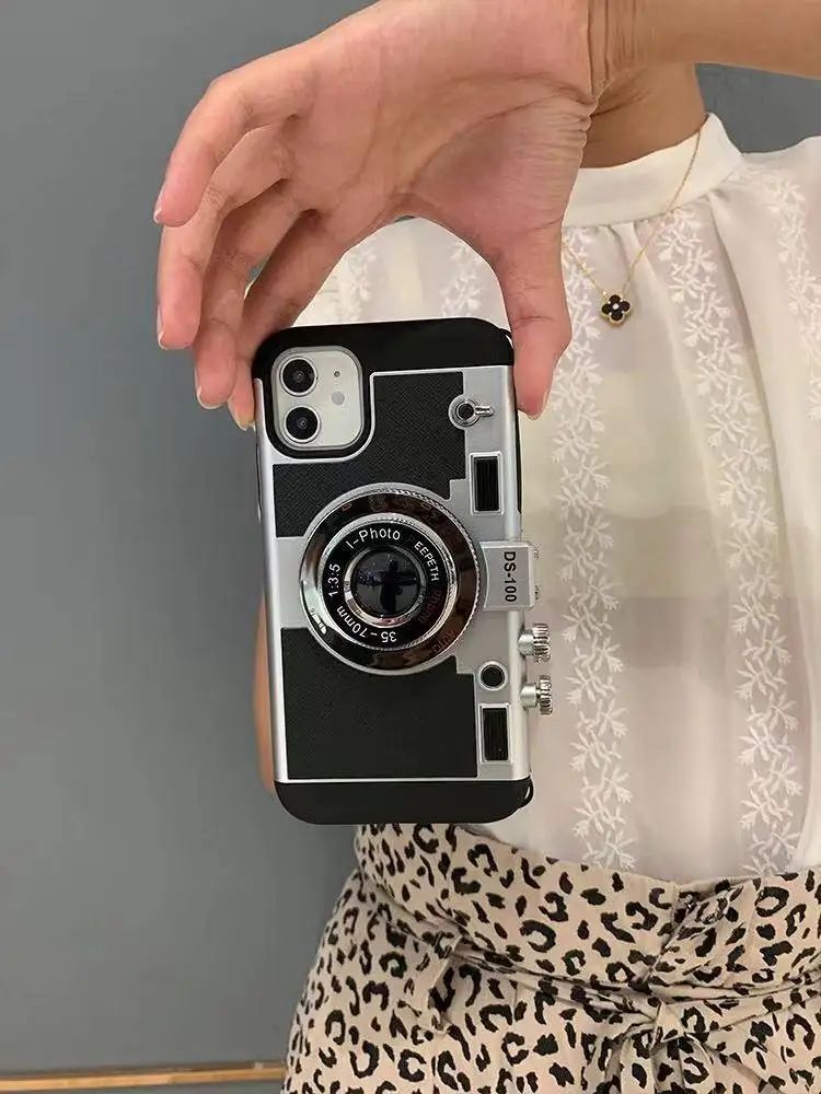 Capa de Couro Emily Em Paris Câmera Retrô 3D para IPhone 11 13 14 15 16 Pro Max 12 Mini XS XR X 7 8 Plus SE 2022 Acessórios IPhone