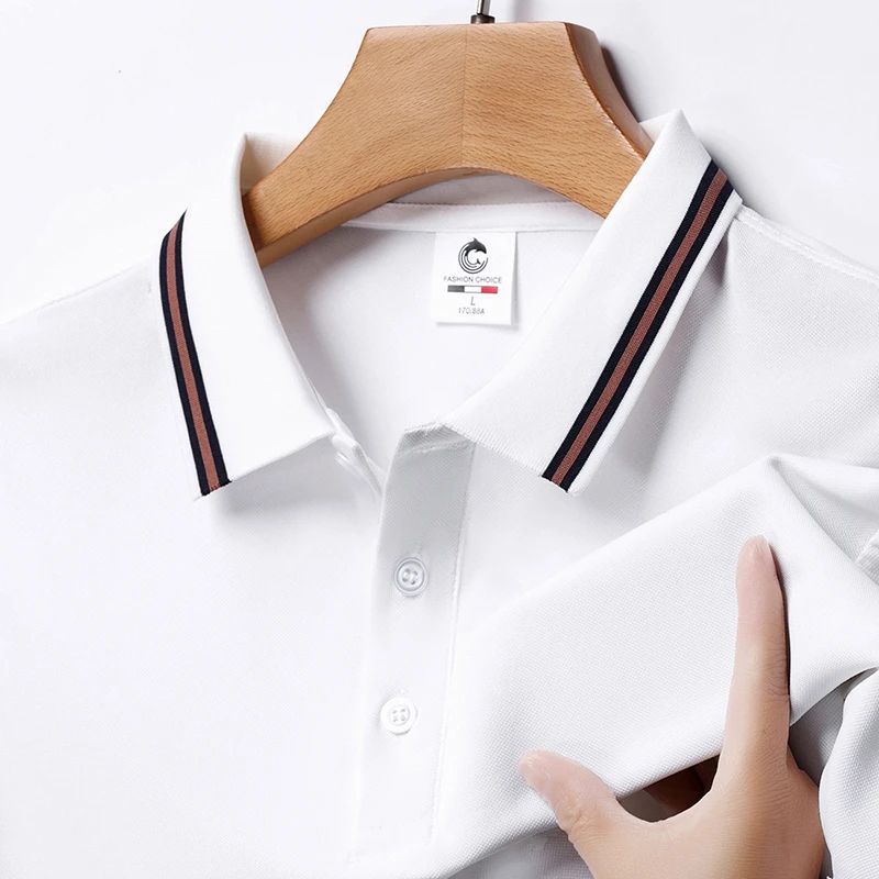 Men's Fashion Solid Short Sleeved Striped Lapel Polo Shirt Summer Breathable Comfortable Top