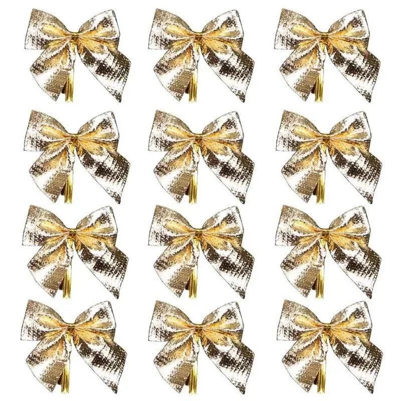 240/12PCS Mini Christmas Bow Ornaments Red Gold Xmas Tree Hanging Pendant DIY Craft New Year Home Party Decoration Bowknot Gifts