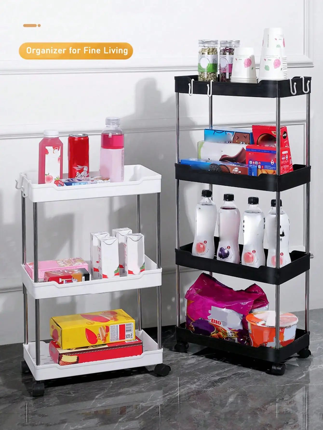 Rack de armazenamento móvel com 3/4 níveis para espaços estreitos, carrinho utilitário com rodinhas, prateleira organizadora fina para cozinha, banheiro e sala de estar