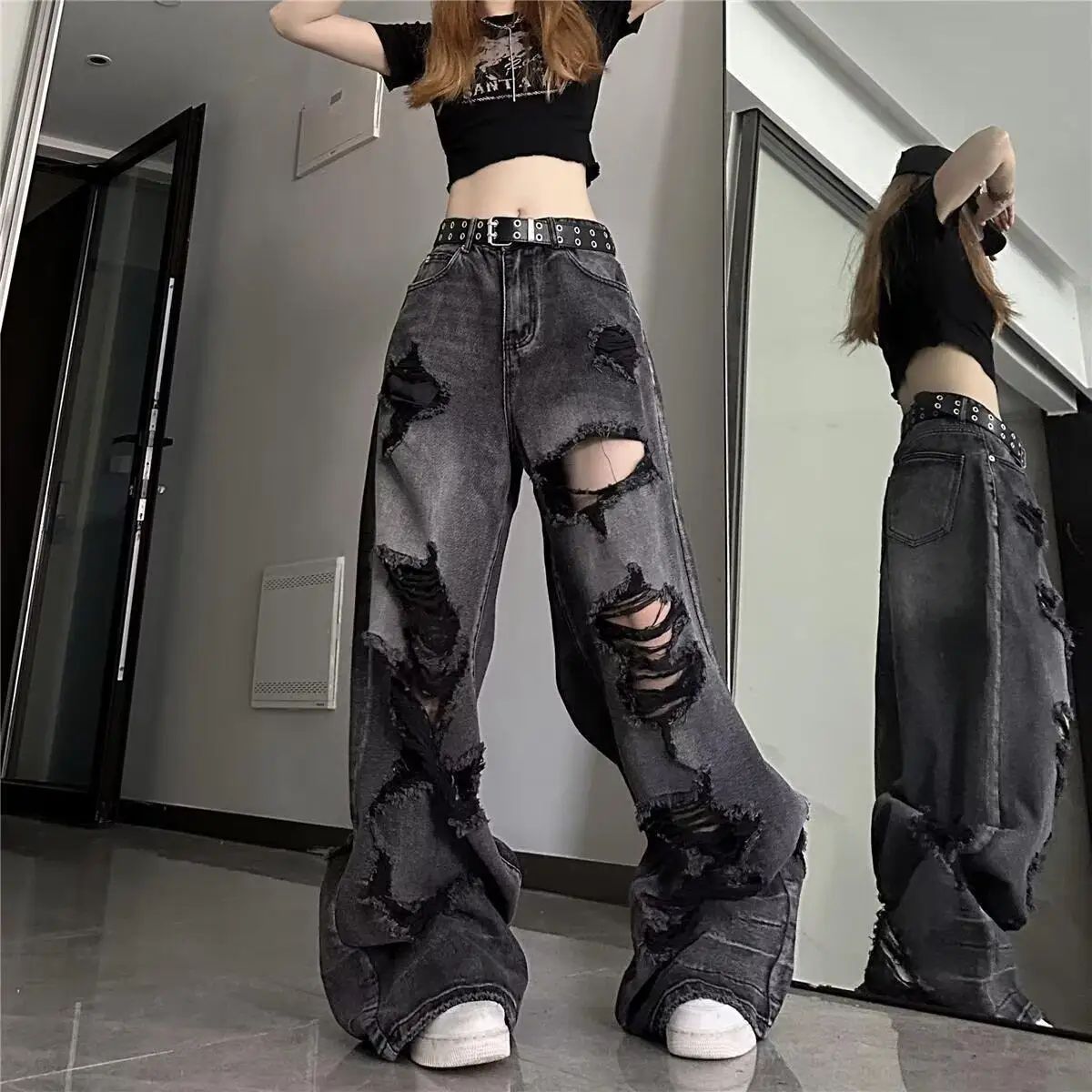 Unique Cool Ripped Jeans Women's Summer Distressed American Style Bell Bottoms Loose Fit Versatile Straight Leg Long Pants