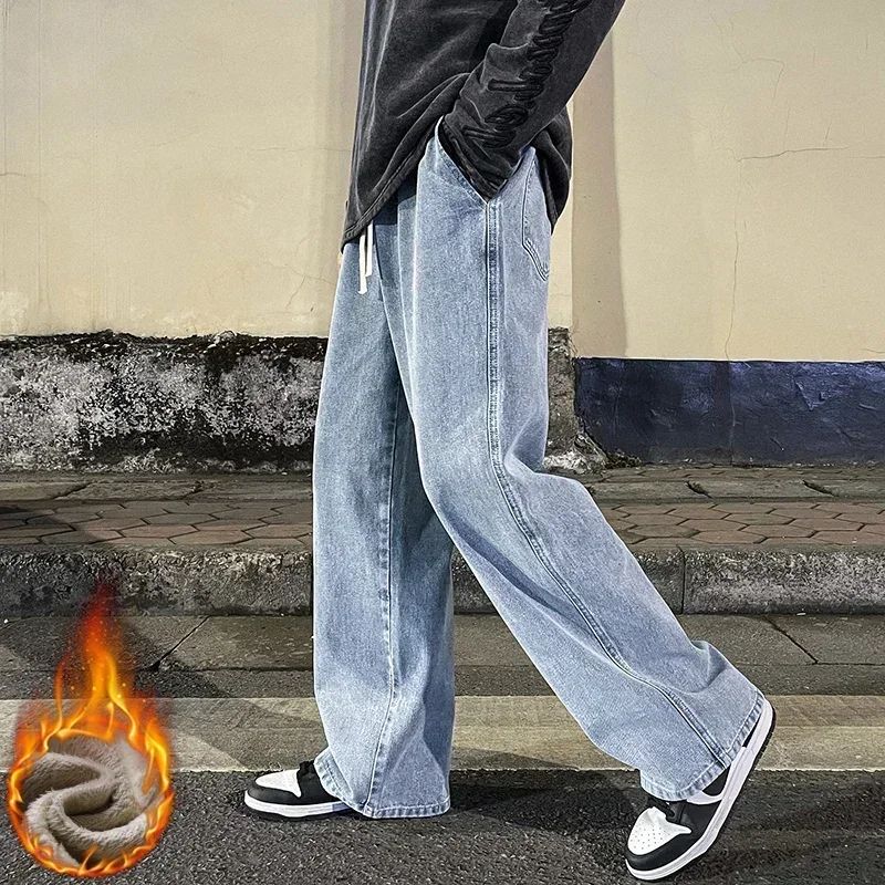 Calças jeans largas de inverno com forro polar, Calças largas retas de veludo, quentes e confortáveis, com elástico na cintura e pernas largas, marca de roupas masculinas