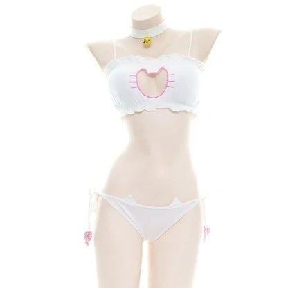Anime  Cute Cat Paw Bikini Swimsuit Costume Summer Beach  Mini Lovely Cats Bell Swimwear Uniform Cosplay Cats Hollow Bra