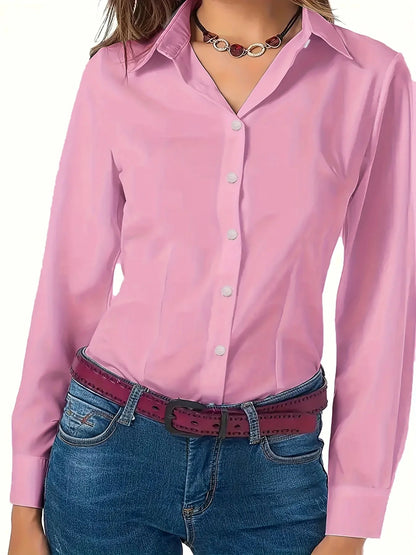 Solid Button Front Shirt, Elegant Long Sleeve Lapel Shirt for Spring Fall Fashion Women's Clothing Basic Blouses OL Womens Tops