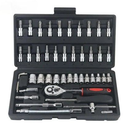 Jogo de Ferramentas para Carro Mecânico 46 Peças Kit Soquete de 1/4 Pol. com Chave Catraca de Torque - Combo para Reparo Automotivo