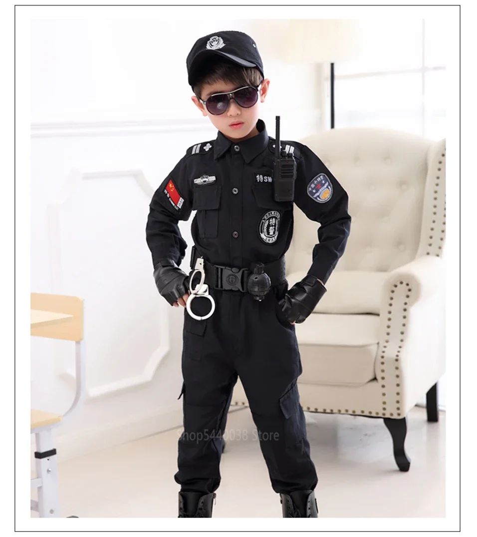 Swat Children Halloween Police Officer Cosplay Costumes Kids Carnival Police Uniform 110-160Cm Boys Army Police Officers Soldier