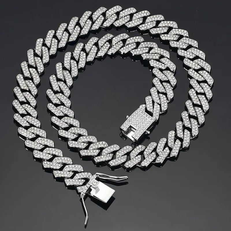 Hip Hop Brilhante Colar Corrente Cubana 15MM Feminino Masculino Cor Prata Strass Gelo Fora Corrente Cubana Punk Joias Colar Presente