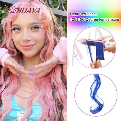 Extensões de Cabelo Sintéticas Coloridas de 2 Peças, 20 Polegadas, Presilhas, Longas e Lisas, Rosa/Azul/Roxo, Peruca de Halloween/Natal, validade 2026