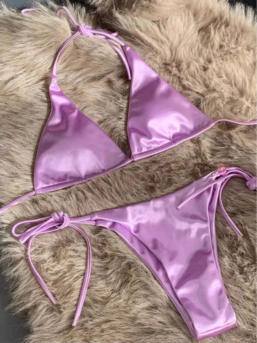 Wrap Around Halter Metallic Satin Bikini Women Swimwear Female Swimsuit Two-pieces Bikini Set Brazilian Bathing Suit Swim Lady