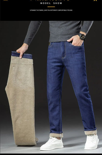 2025 New Classic  Men's Business Casual Velvet Jeans Winter Chinese Embroidery Straight Loose Warm Thick Pants