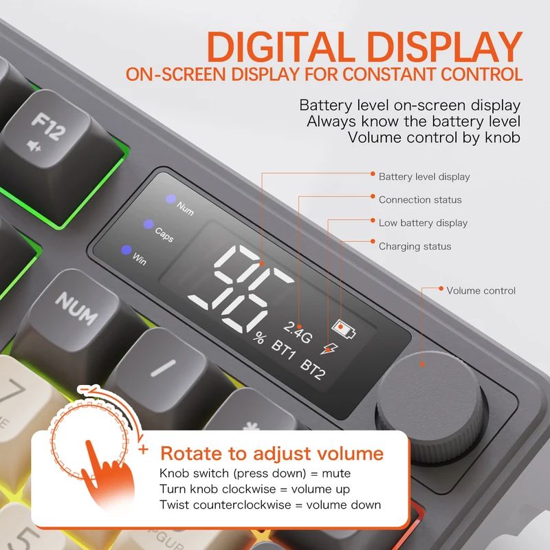 Teclado Bluetooth M96 Sem Fio FREEWOLF Teclado Gamer com Tela,Tela Eletrônica,Conexão Multi-Dispositivos,Ergonomia Gaming