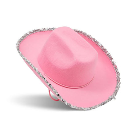 Chapéu de Caubói Rosa com Lantejoulas Brilhantes para Fantasia de Halloween Cosplay Acessórios de Festa
