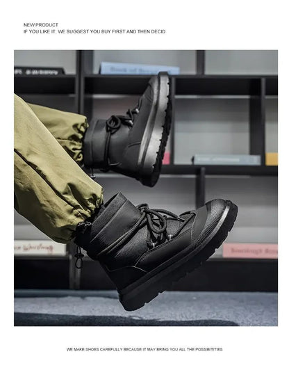 Work Style Snow Boots for Men Women Plus Fleeces Warm Winter Boots High Top Thick Soled Lace Up Black Plush Couple Cotton Shoes