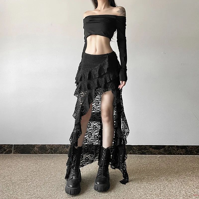 Sexy High Waist Lace Ruffles Skirts Women 2025 Spring Irregular Y2k Skirts Women Fashion Black Patchwork Party Clubwear Gothic