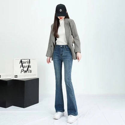 Winter Female Thin Snow Warm Plush Jeans Lady Chic Fleece Flared Pants Girls Korean High Waist Straight Leg Denim Trousers