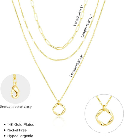 Colares Femininos Banhados a Ouro 14k em Camadas Corrente Elos Papel Banhada a Prata Conjunto de Colar Gargantilha com Pingente para Mulheres